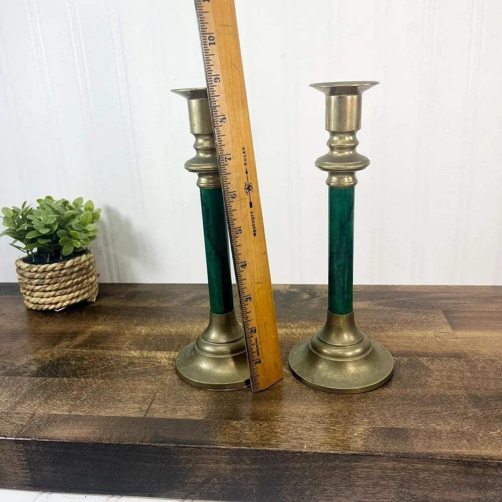 Vintage Green &‎ Brass Candlestick Set - Mid-Century Modern Decor